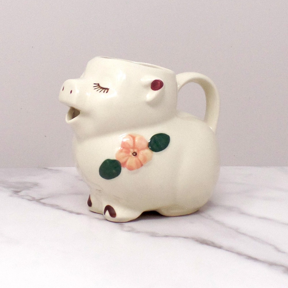 Vintage Shawnee Pottery Smiley Pig Creamer, Peach Flower (1940s-50s)